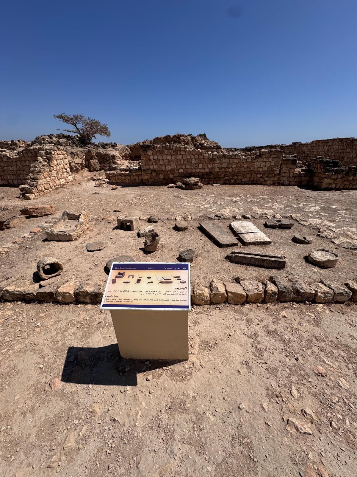Archeologické ruiny s informační tabulí v poušti